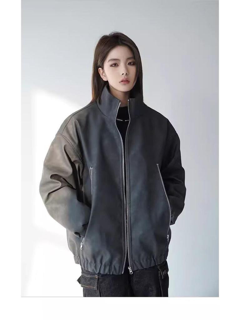 Unisex Distressed PU Leather and Cotton Retro Jacket - Women's 2024 Quilted Winter Coat