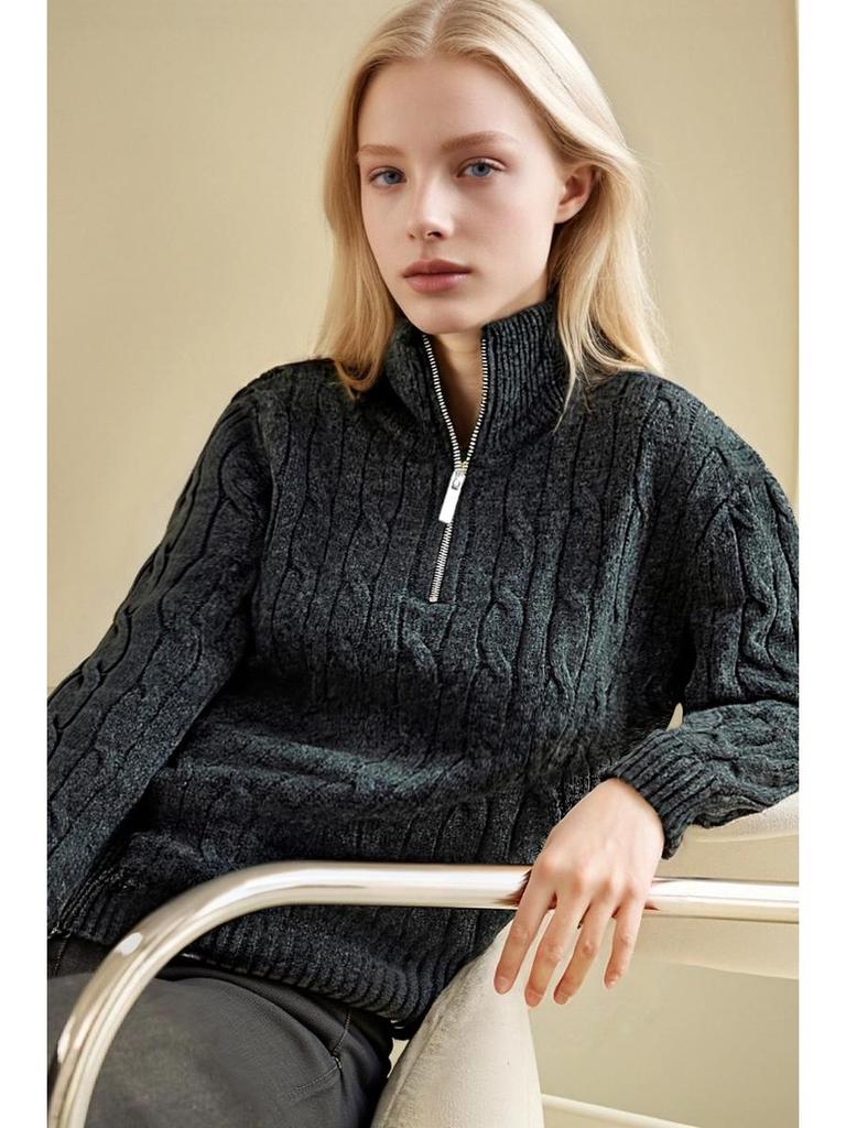 2025 Puyuan Women's Casual Cable Knit Stand Collar Zipper Sweater - 100% Wool, Autumn/Winter Collection.