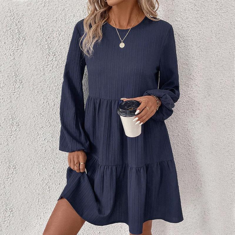 Autumn Simple and Fashionable New Long-sleeved Pure Round Neck Flowing Loose Dress