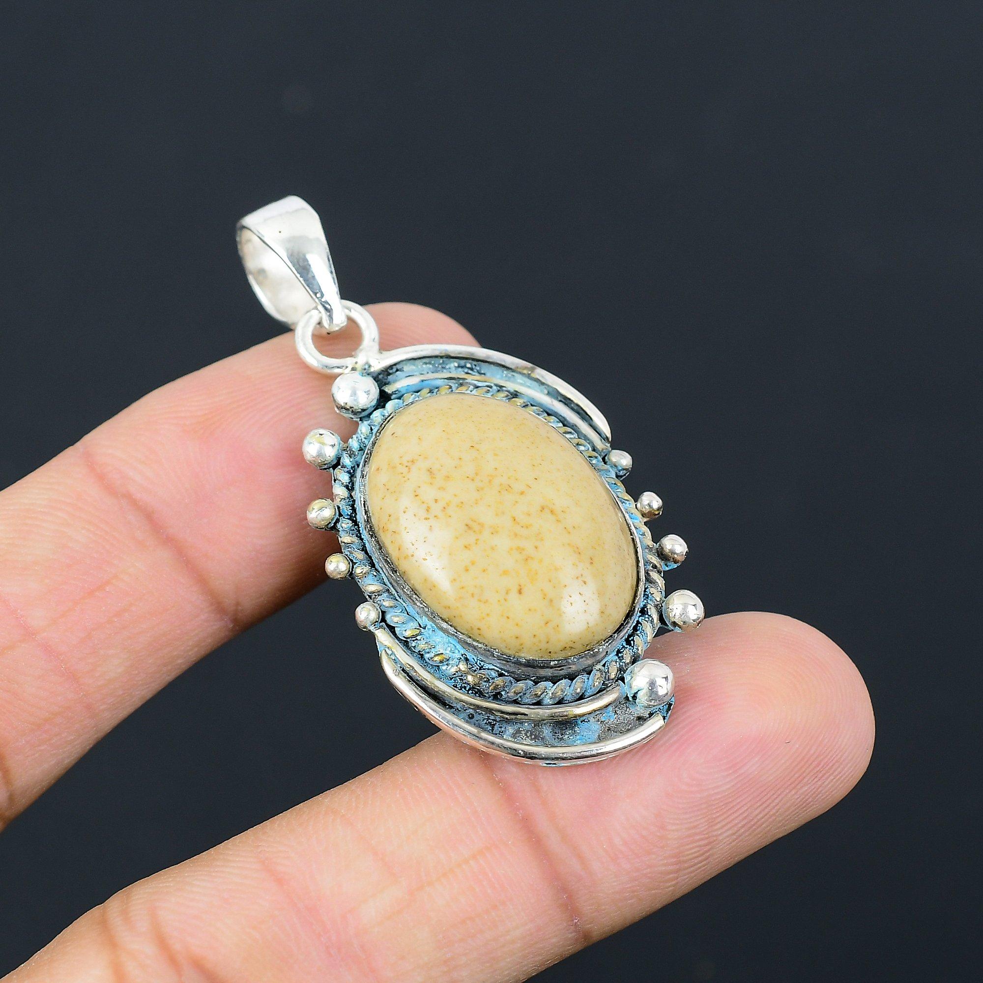 925 Sterling Silver Oval Natural Picture Jasper Mother Wedding Pendant Jewelry