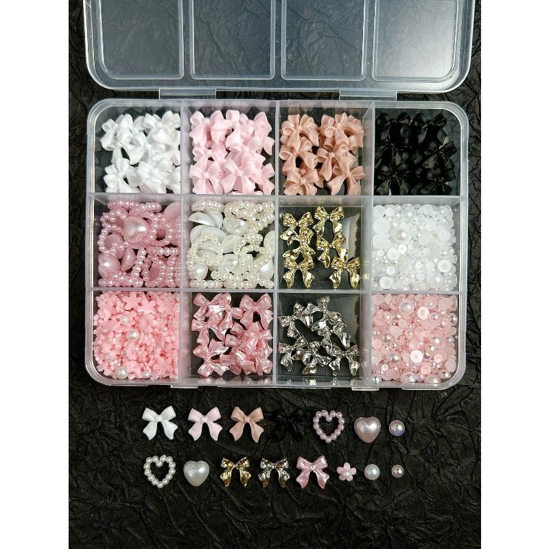 12-Compartment Box Mixed Resin Simulation Pearl Bow, Heart, Mini Floral Decor For Diy Nail Art Accessories, Nail Supplies Nail Charms