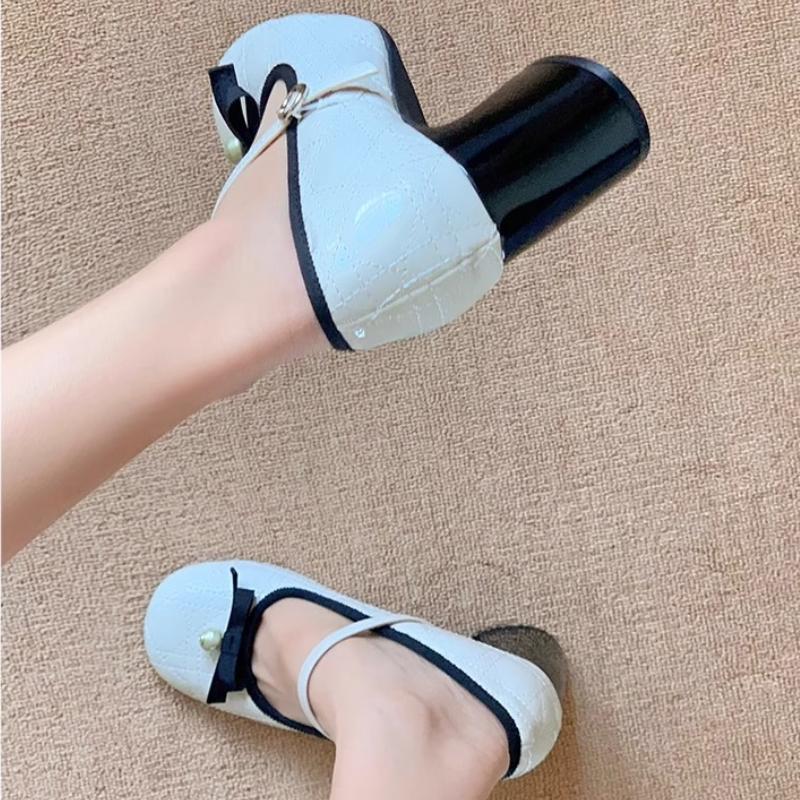 Fashion 2025 Baotou Sandals Pearl Fashion Lace Bachun Spring Dance Shoes Single Shoes Butterfly Knot Lei Wear New Coarse Heel