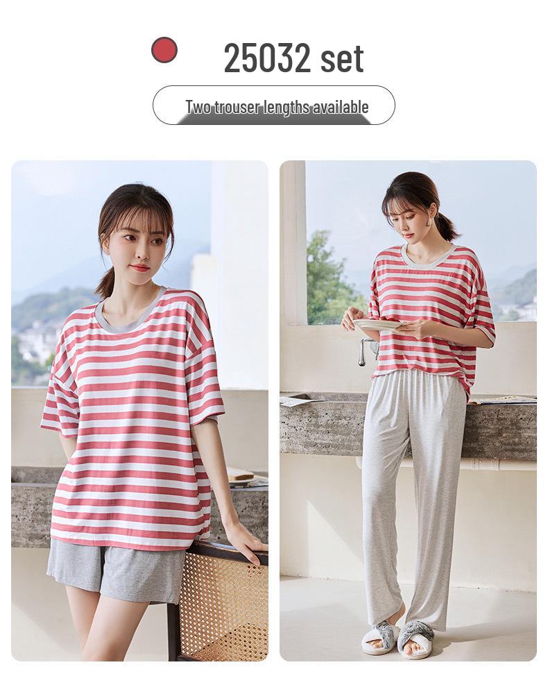 Women's Summer Three-Piece Modal Pajama Set with Bra Pads - Short Sleeve Top, Shorts, and Long Pants for Indoor/Outdoor Wear