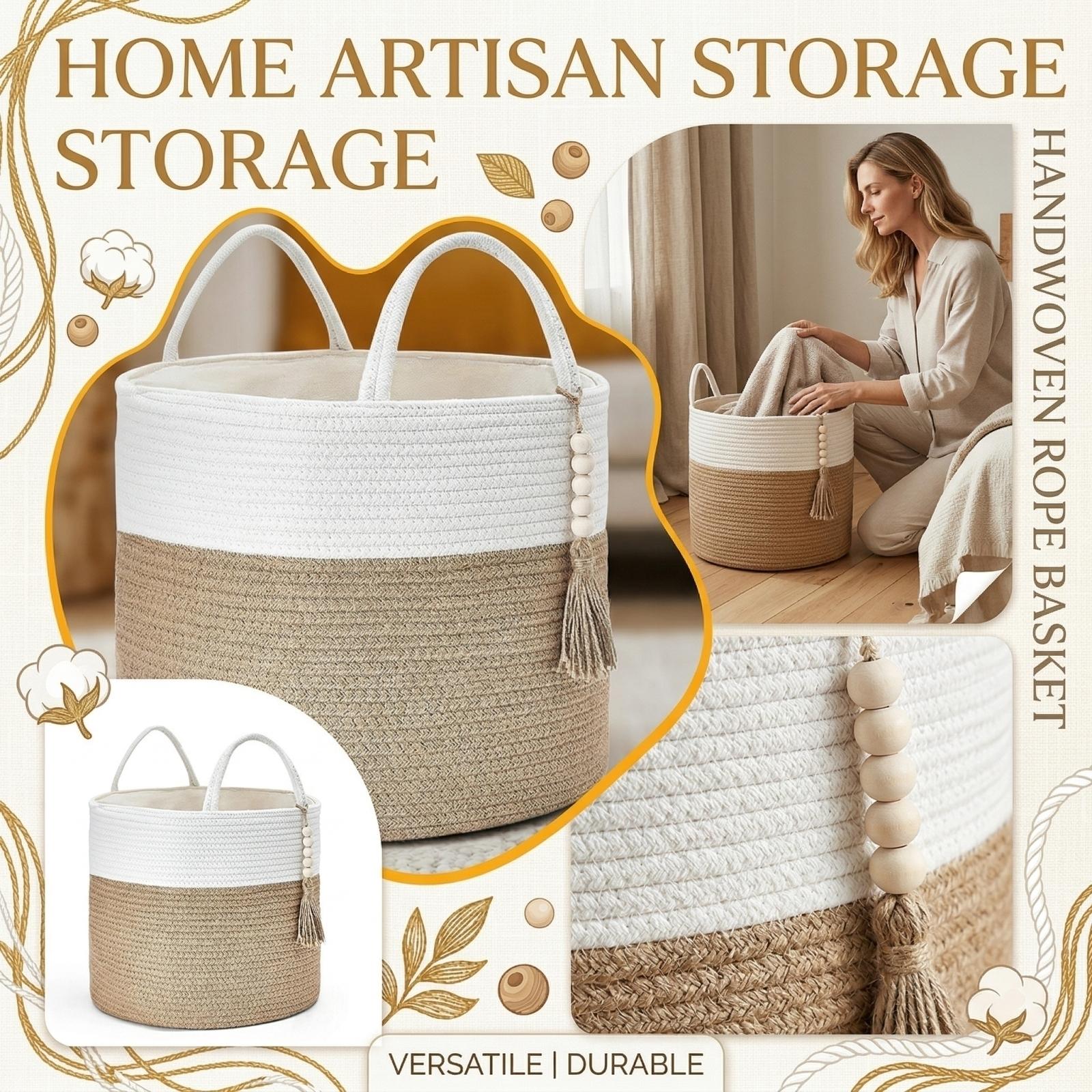 

Large Cotton Rope Storage Basket with Handles Decorative Woven Organizer Bin for Laundry Toys Blankets Towels Nursery Living Room One Size жёлтый