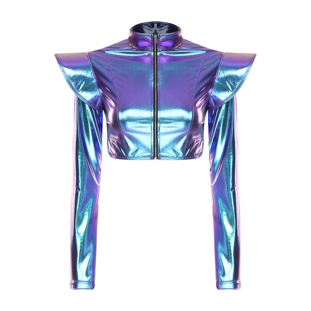 S-3XL Women Iridescent Metallic Crop Jacket Long Sleeve Structured Shoulder Boards Stand Collar Front Zipper for Club Raves Party