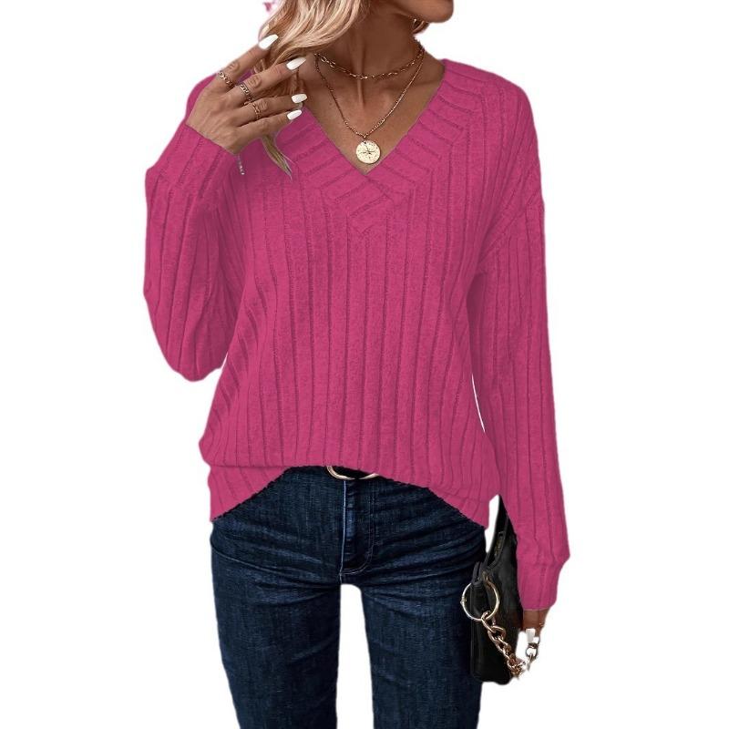 Autumn Winter Long Sleeved V-neck Knitted T-shirt Casual Solid Color Top Women's Clothing Shirt