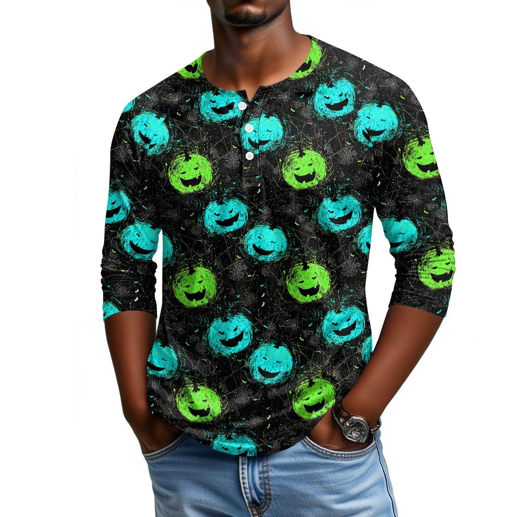 Men Casual Halloween Print Henley Shirt Raglan Sleeve Three Quarter Length Button Front Top for Fall Seasonal Wear
