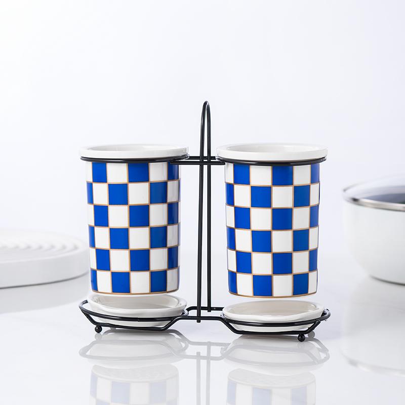 Checkerboard Ceramic Chopsticks Holder Drain Rack Chopsticks Basket Chopsticks Box Cutlery Box Storage Rack Wall-mounted Shelf