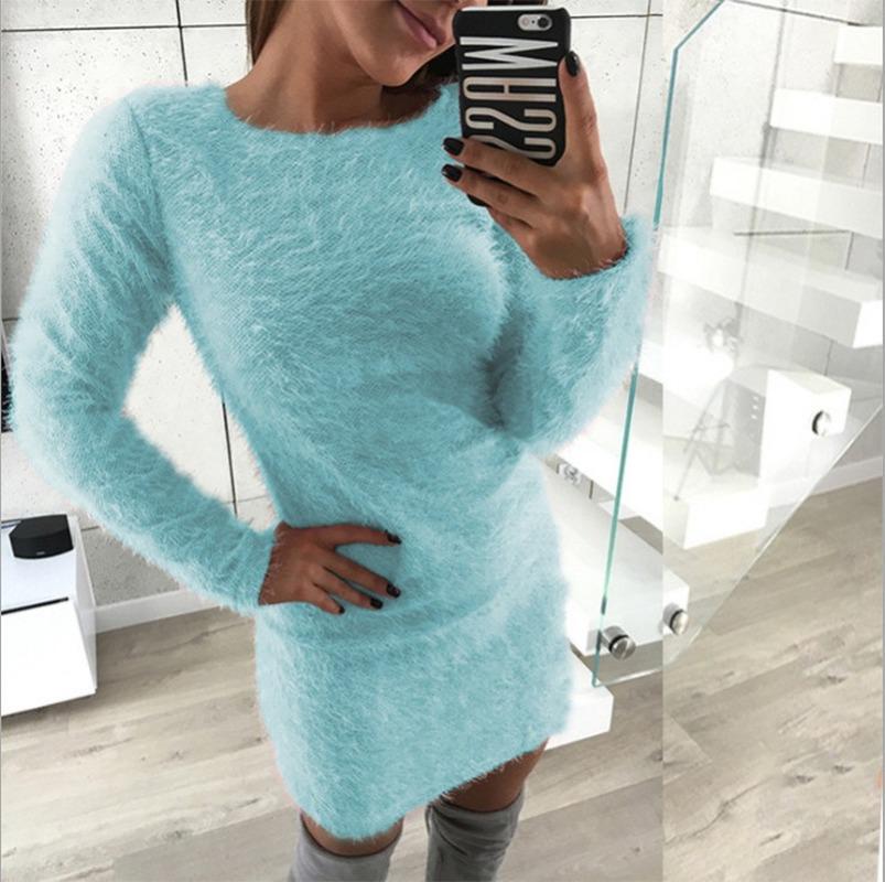 SCIONE Women Plush Round Neck Casual Sweater Loose Sleeve Long Sleeve Round Neck Plush Dress