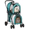 Poussette Double pour Chiens Chats Pliable avec 2 Paniers Amovibles avec Ceinture et Coussinets 66x50x98cm Vert et Gris