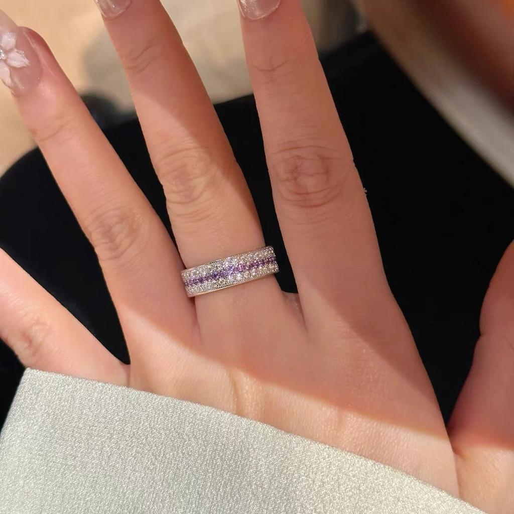 Absolute Purple~ Dream Purple Row Diamond Ring Women's Inlaid Zircon Fashion Light Luxury Big Brand Niche Design High Sense Ring 2026