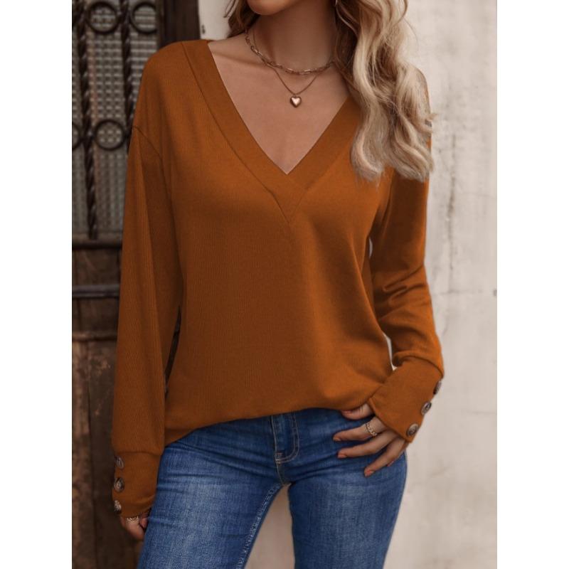 Blusas y Camisas Casuales de Moda para Mujer JPNTKY Estampado de Color Sólido Manga Larga Cuello en V