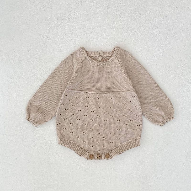 Ins 2025 Autumn New Style Baby Boys and Girls Hollow-Out Knit Long-Sleeve Romper Versatile All-Cotton Jumpsuit Light camel 66