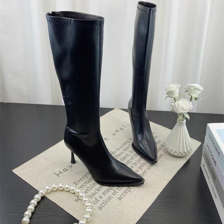 Fashion Soft Leather Pointed Toe Knee High Boots High Heels Zipper Women Pumps Ladies Long Stretch Modern Boots