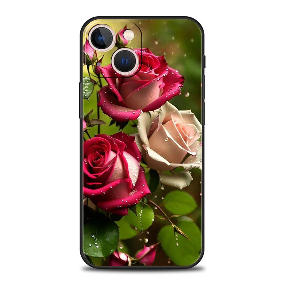 Luxury Phone Case For Apple iPhone 11 15 14 Pro MAX 12 13 7 8 Plus X XR XS MAX SE Black Cover Funda Beautiful Red Rose Flowers