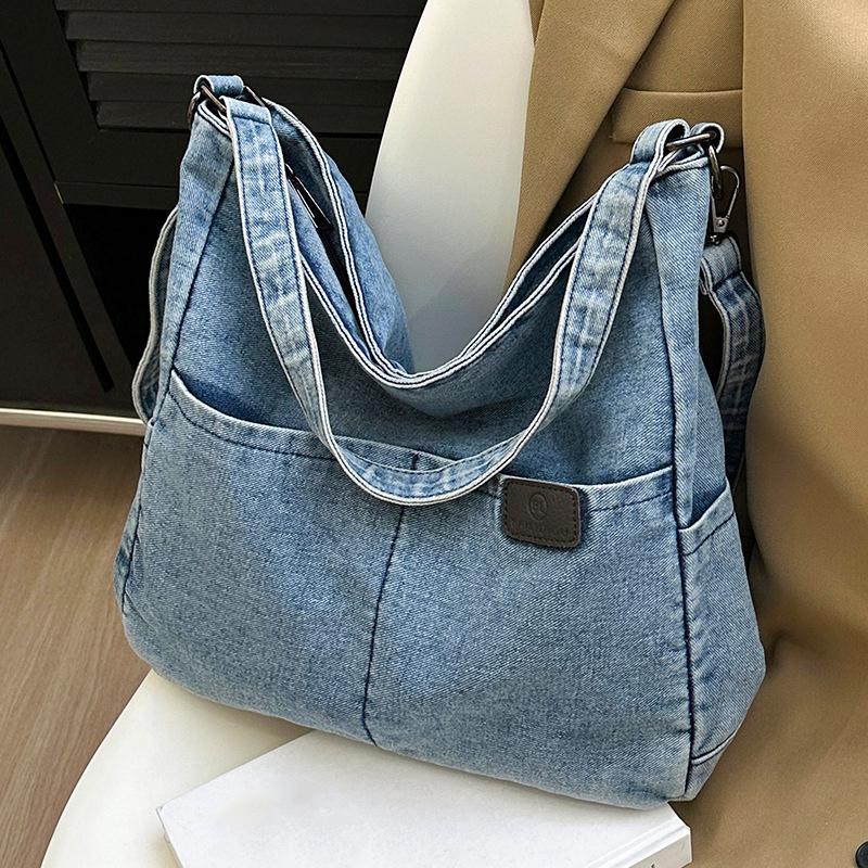 

Vintage Denim Shoulder Bag Women s Large Capacity Messenger Bag Multi-pockets Satchel Adjustable Strap Ladies Crossbody Bag CLE 30x10x32cm синий