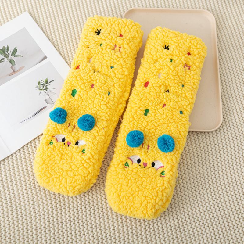 1 Pair Thigh-Long Sock Non-Slip Sherpa Material One Size Lounge Wear Funny Embroidery Design Thick Floor Socks Warmth Multi-Color