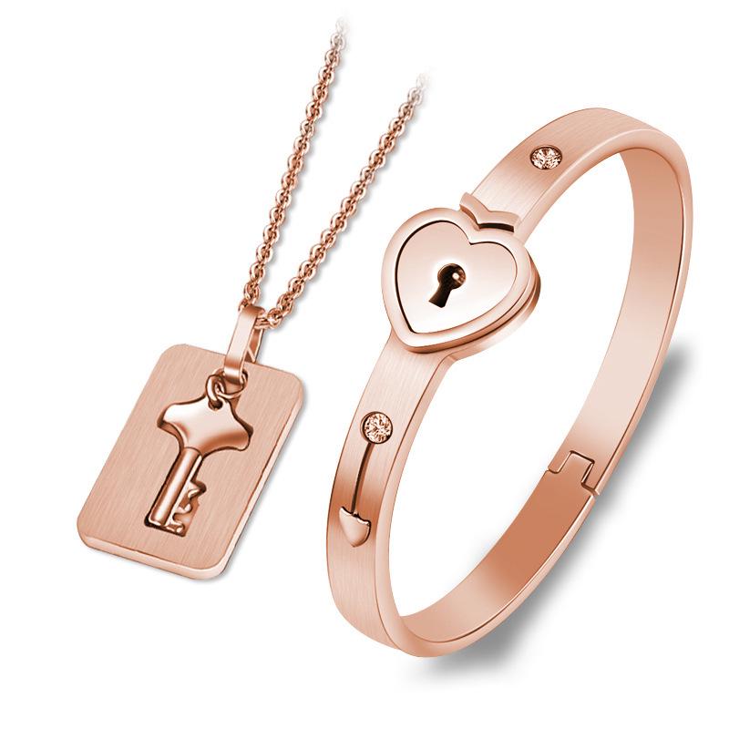Set di Braccialetti con Lucchetto d'Amore Chiave per Coppia Creativa Transfrontaliera in Acciaio al Titanio