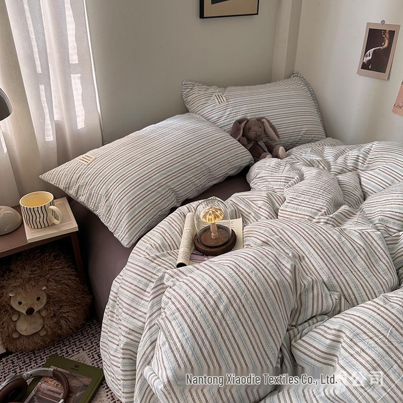 Blogger Style Cotton Striped Bedding Set - 4-Piece Duvet & Sheet Set, Home & Student Use