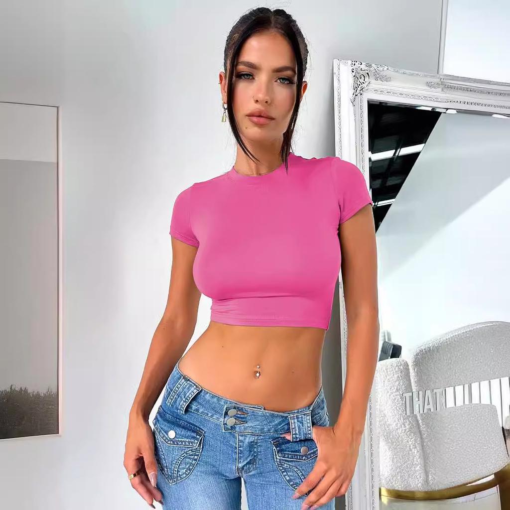 A New Sexy Waist Short-sleeved T-shirt, Round Neck Slim-fitting YK Pure Desire Style Spice Girl Top for Women