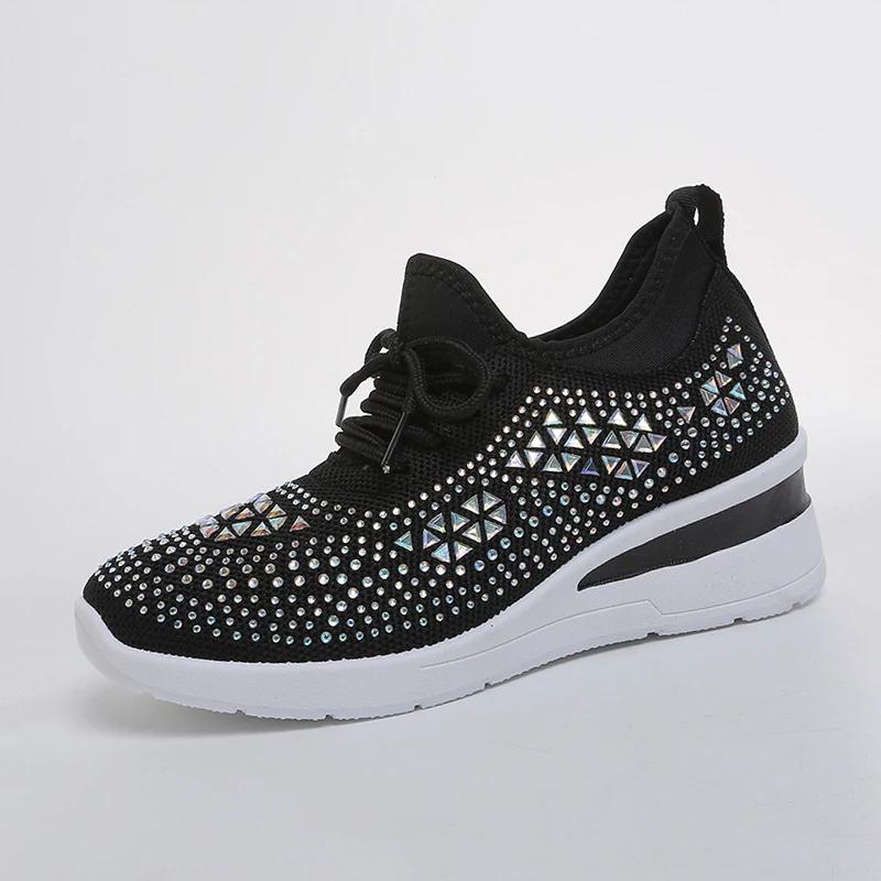 Ladies Four-Season Mesh Platform Shoes Bling Triangle Rhinestone Soft Rubber Sole Casual Daily Sneakers