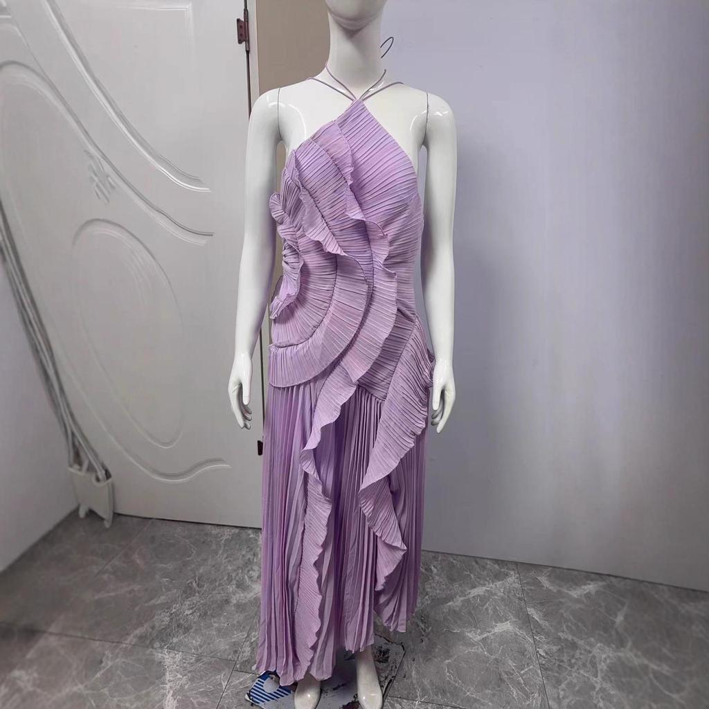 High-End Women's Chiffon Midi Dress with Ruffle Pleats, European and American Fashion