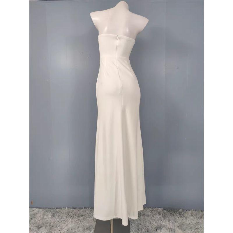 Foreign Trade Order Lu's Wrap-around Temperament Pleat Fishbone Body Shaping Waist Hugging Slimming Split Sheath White Party Dress