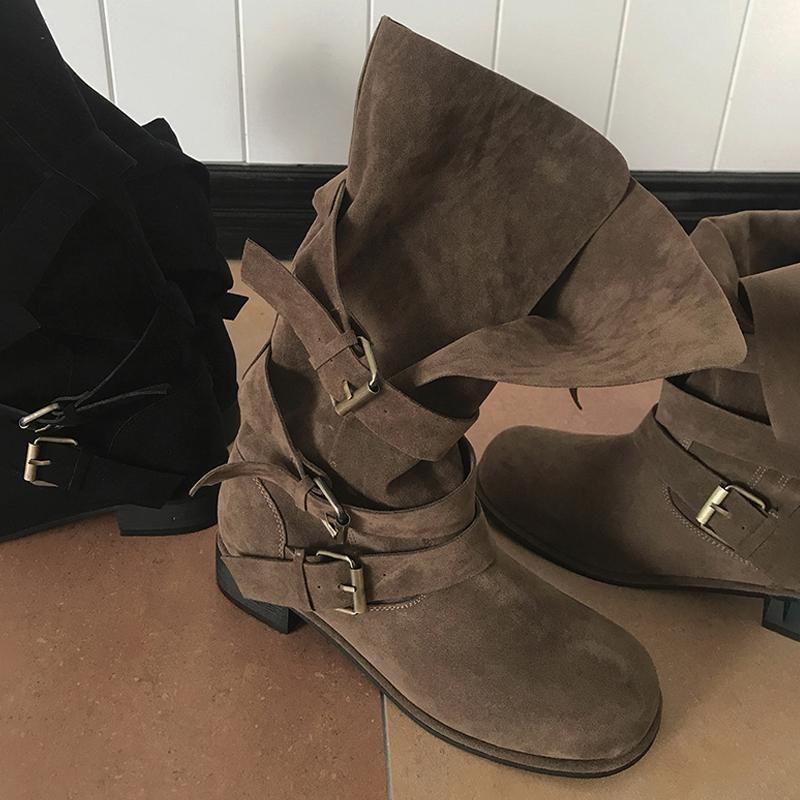 Cowhide version~ Leather Wasteland wind tube belt buckle western boots women's thick heel leather matte super soft knight boots women