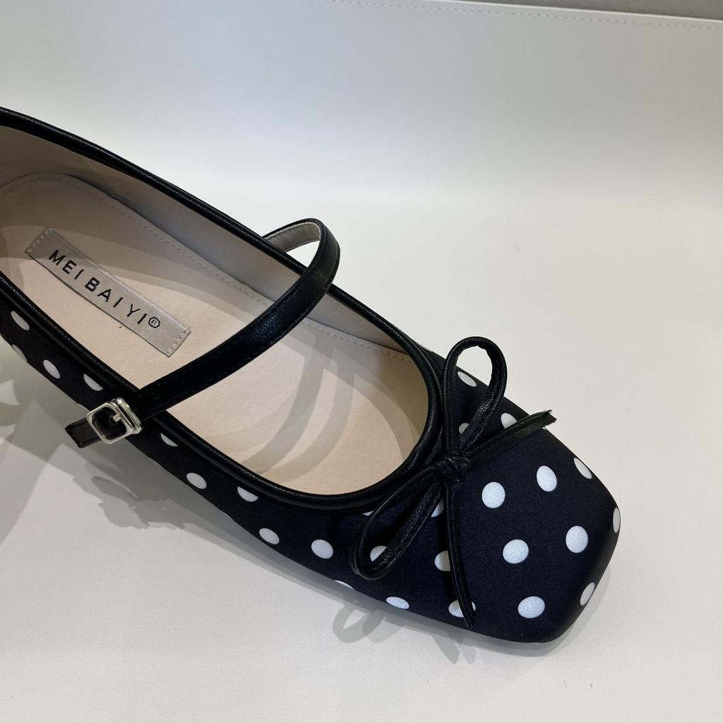 French Retro Polka Dot Small Single Shoes Square Head Mary Jane Shoes Summer Women'S Word With Flat Shoes