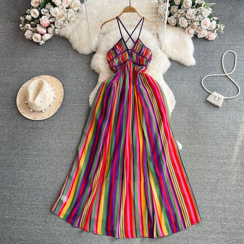 

Rainbow Striped Sexy Open Back Large Swing Sling Dress Colorful Stripes XL