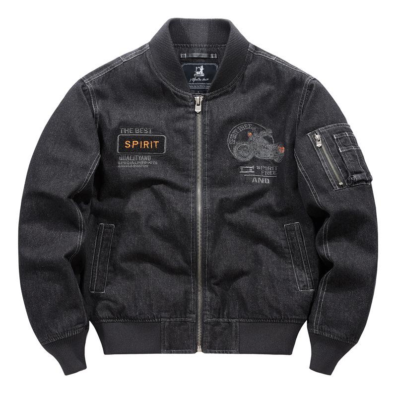 Pánská džínová bunda Vintage Slim-fit Motocyklová Vyšívaná Zipová Ležérní Bunda Kabát