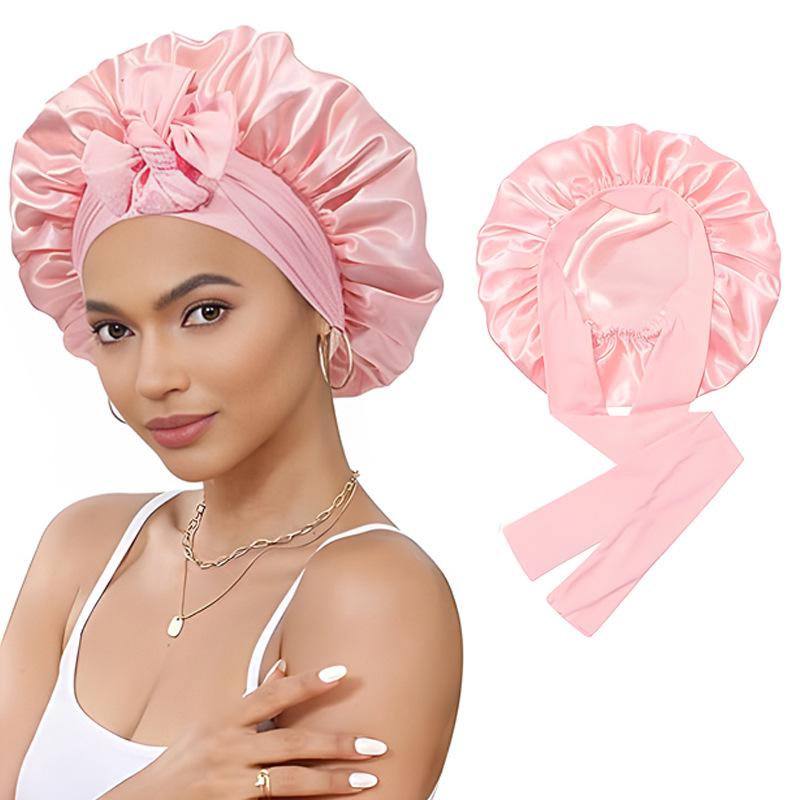 Women's Reversible Double-Layer Satin Nightcap with Ribbon - High Elasticity Round Hat for Hair Protection