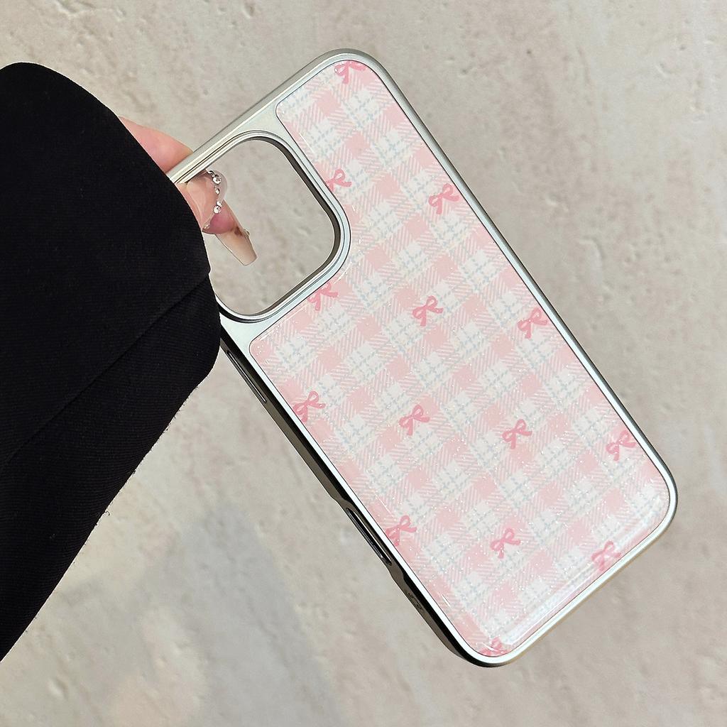 INS Korean Pink Blue Bowknot Grid Pattern Drop Glue Silver Phone Case for iPhone 17 16Promax 15 14 13 12 11 Anti Drop Soft Cover