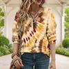 Women Plus Size Abstract Printed V Neck Front Zip Long Sleeve Ribbed Cuffs Black Khaki Sweatshirt