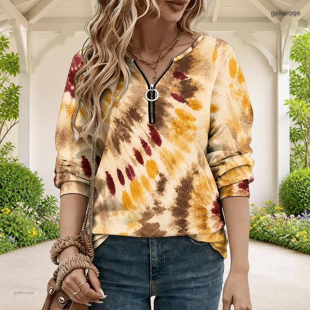 Women Plus Size Abstract Printed V Neck Front Zip Long Sleeve Ribbed Cuffs Black Khaki Sweatshirt
