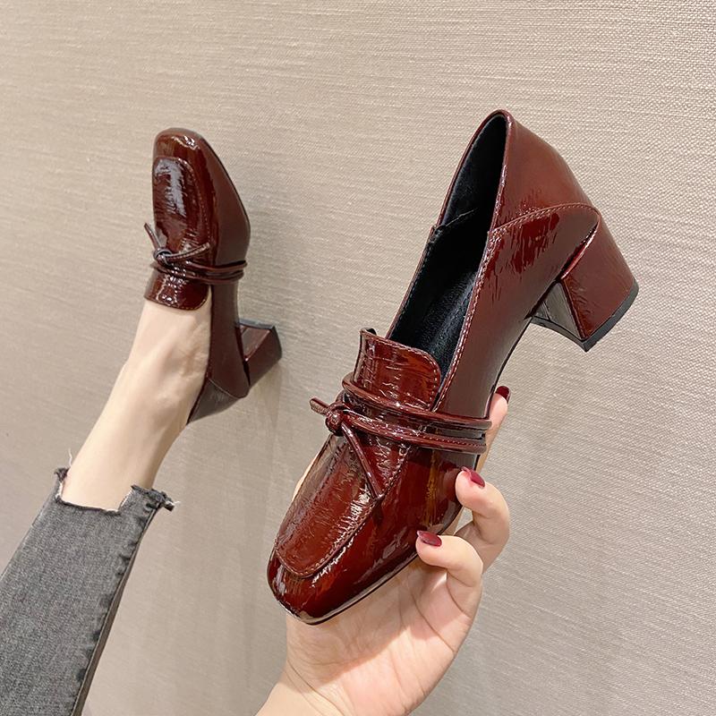 

Small Leather Shoes Women S British Style Shoes Season New Bow All -Match Loafers Thick -Heeled High -Heeled Shoes