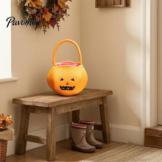 Pumpkin Decor for Kids Halloween Candy Bags Kids, Reusable Trick or Treat Gift Baskets Bucket, Cute Handbag with Handle Party Favors Portable Storage