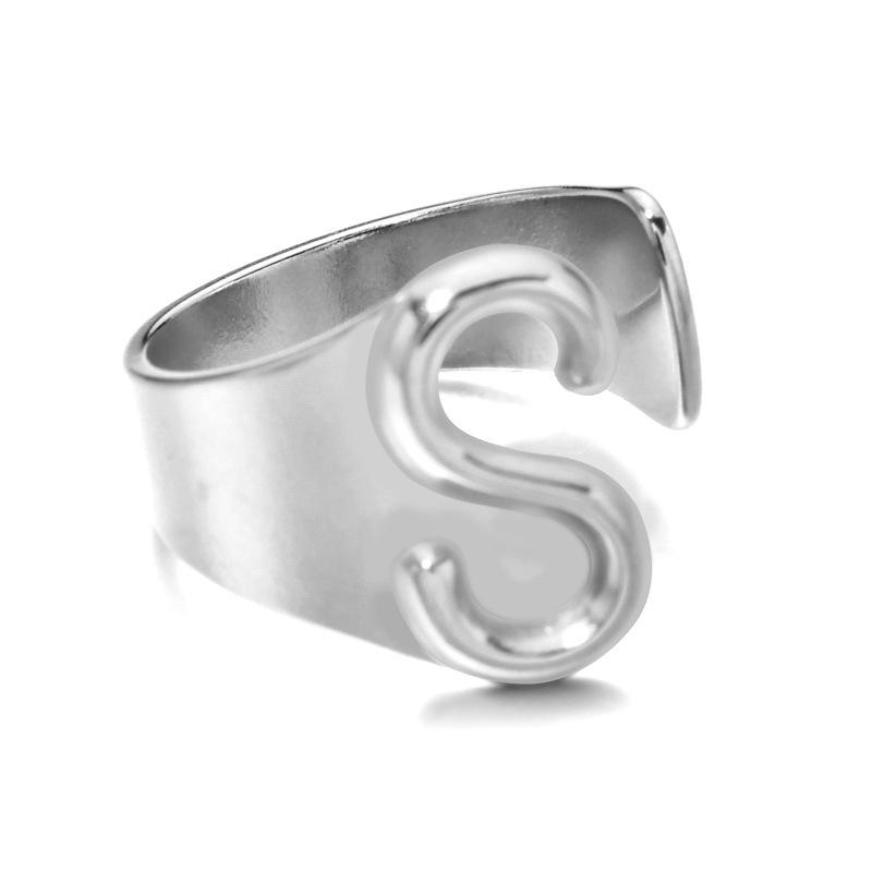 18K Gold Stainless Steel Letter Ring – Fashionable Open European & American Style, Women's Adjustable Titanium Steel Ring