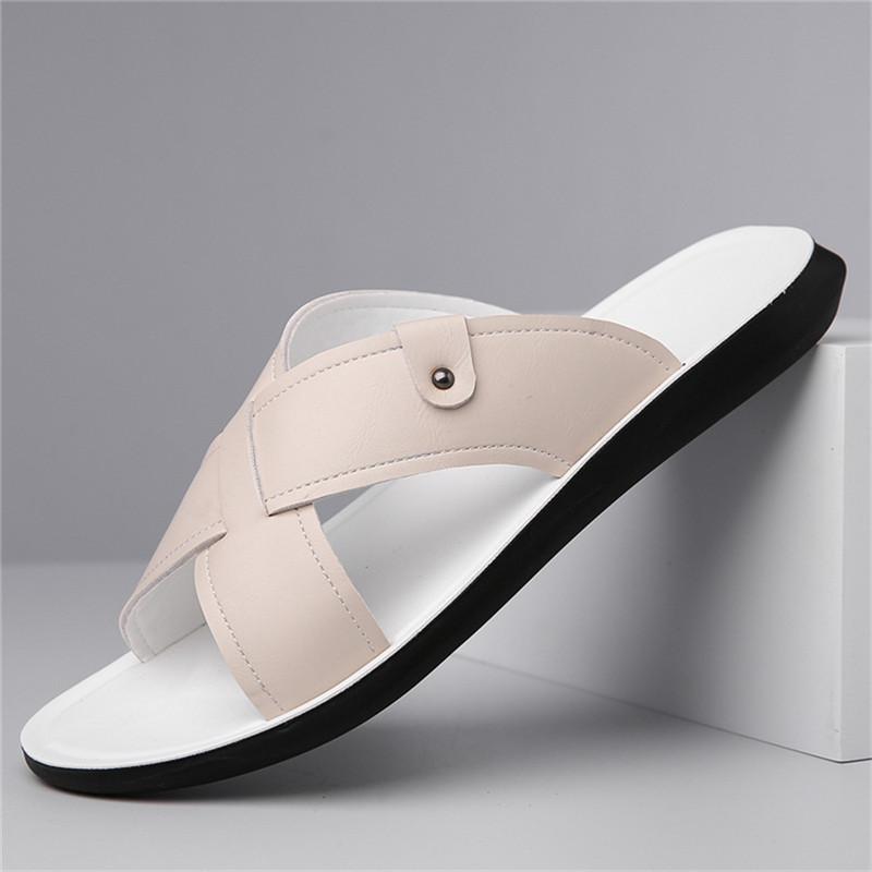 Summer Men Classic Lightweight One-line Slippers Men Anti-slip Pu Leather Casual Cool Slippers With Soft Beach Vacation Shoes
