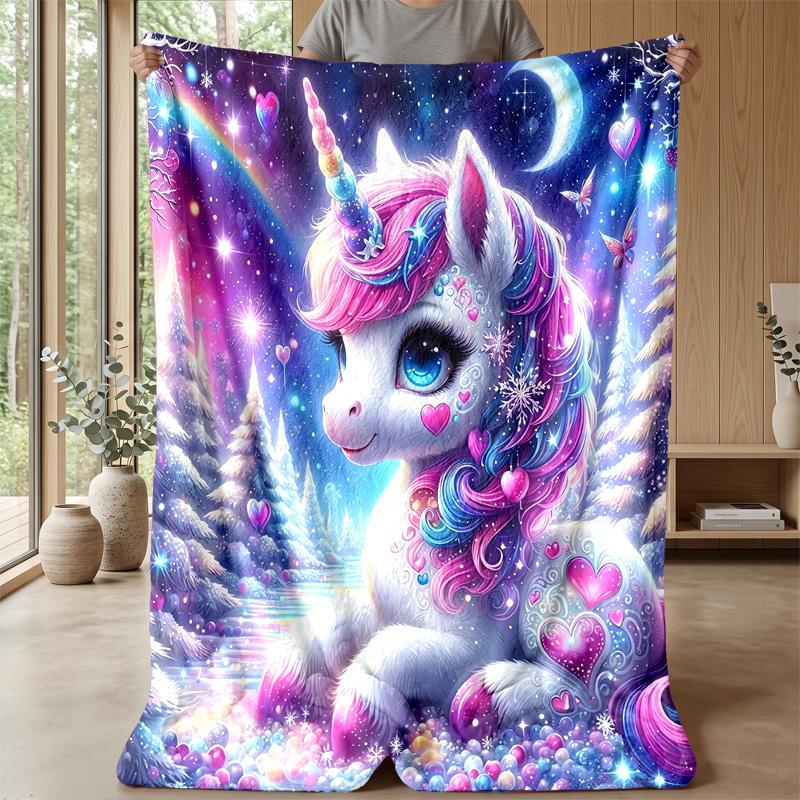 Fantasy Unicorn with Rainbow and Hearts Theme Blanket Lightweight Warm Flannel Blanket Decorative Throw Blanket for Home Decoration