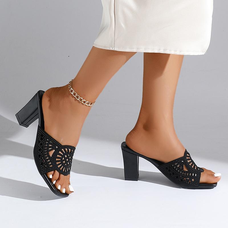 Fashion Elegant Hollow Out Breathable Slippers Women 2025 Summer Square Toe Super High Heel Black Slides Luxury Glitter Party Sandals