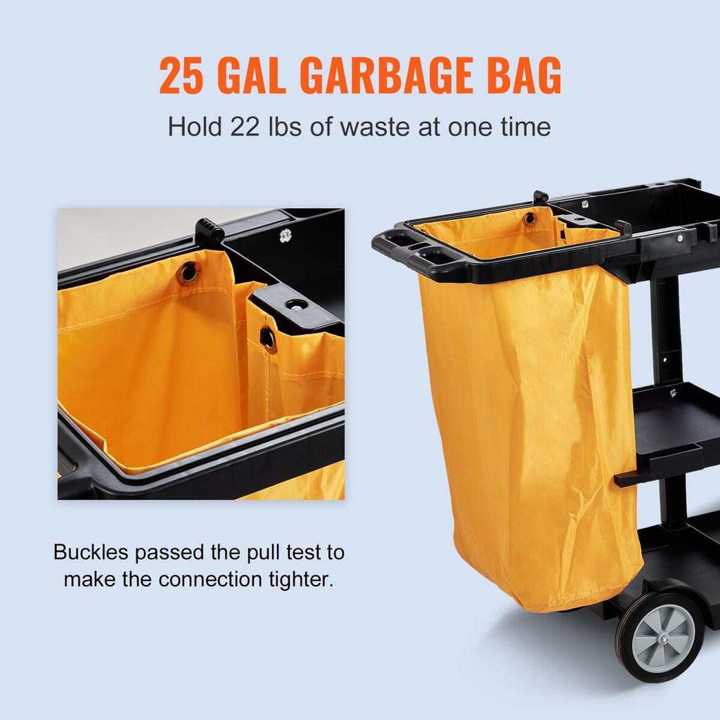 Cleaning Cart, 3-Shelf Commercial Janitorial Cart, 200 lbs Capacity Plastic Housekeeping Cart, with 25 Gallon PVC Bag, 47" x 20" x 38.6", Yellow+Black