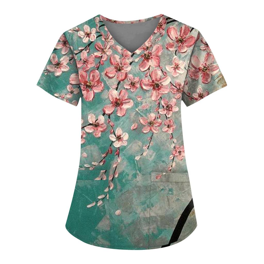 Women's Floral Printing Short Sleeve V-neck Tops Working Uniform Pocket Blouse