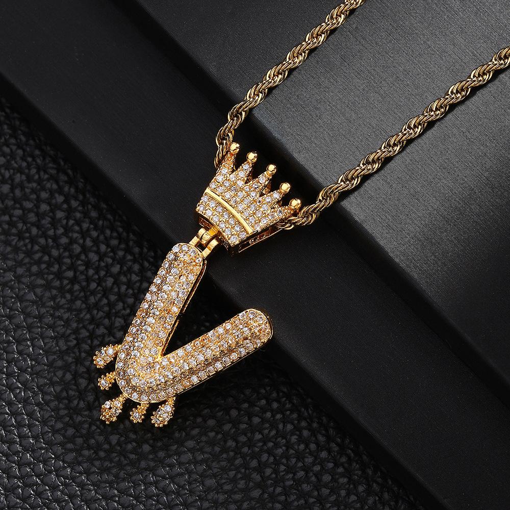 TEMU Hot Selling Fashion Versatile Crown Copper Set with Zircon, 26 English Letter Pendant Necklace, Unisex, Small Market