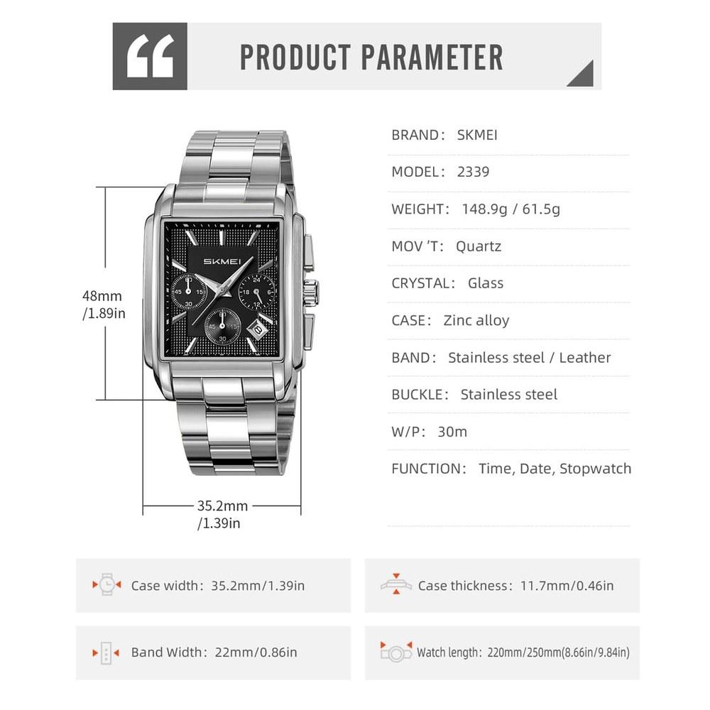 SKMEI Square Wristwatch Men's Stainless Steel Waterproof Analog Business Casual Chronograph Silver Black High-End Gift