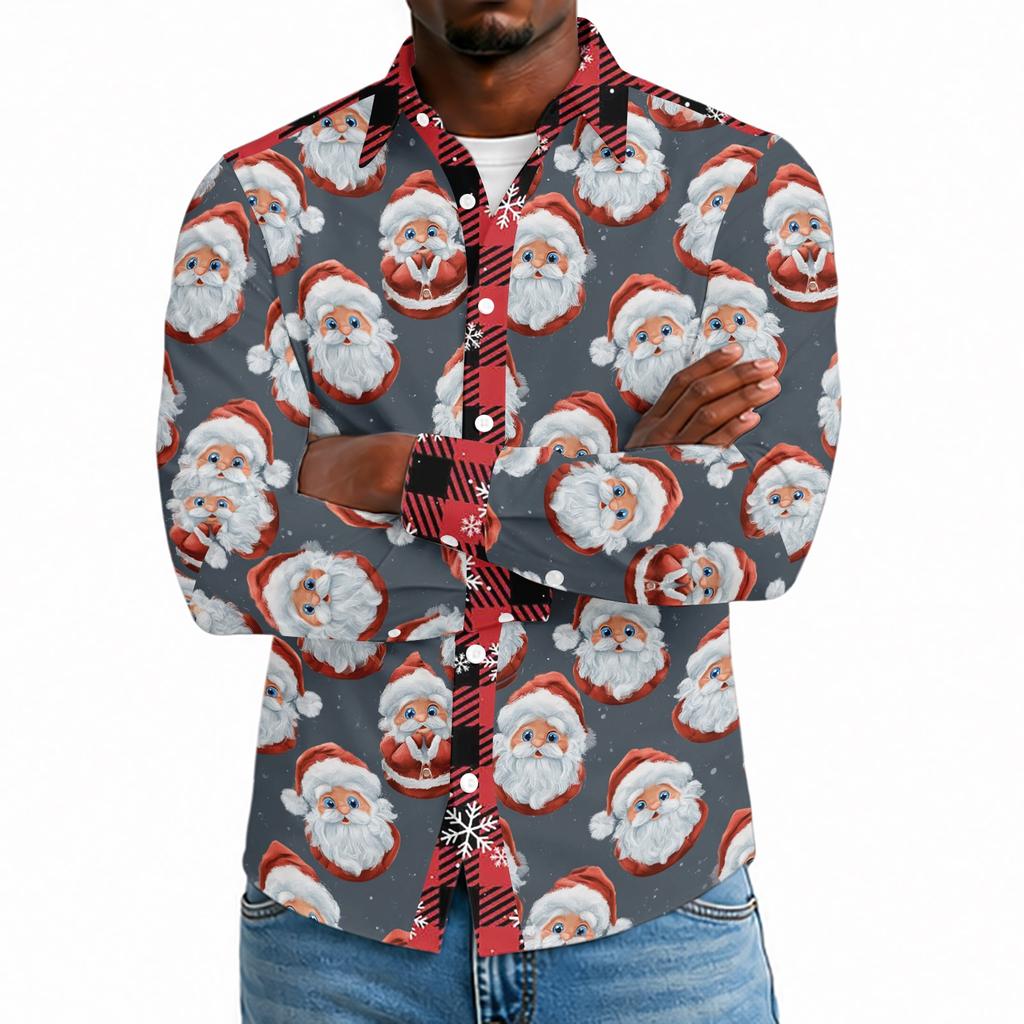 Men's Casual Long Sleeve Shirt with Christmas Print for Holiday Party and Fall