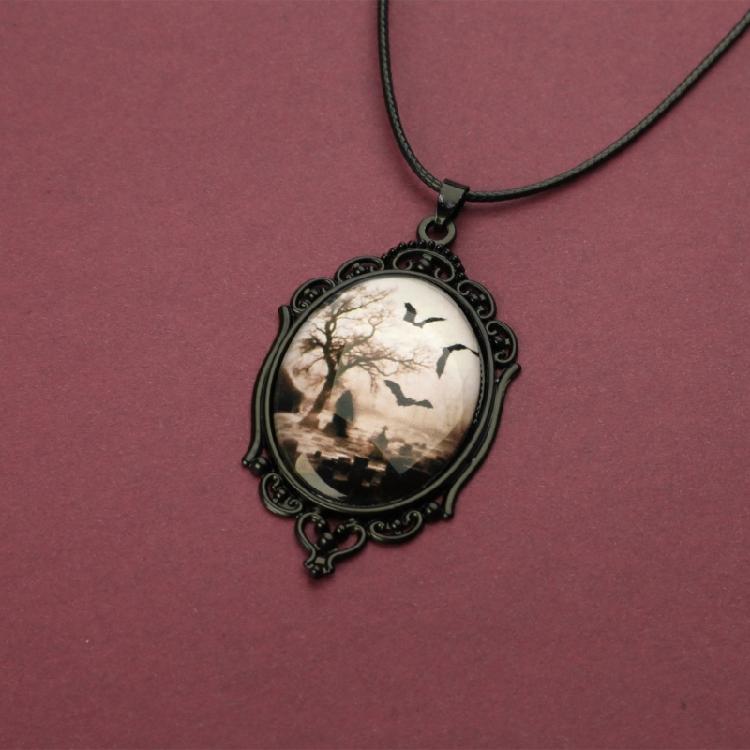 Vintage Bat Cemetery Glass Pendant Necklace Clavicle Chain Halloween Jewelry