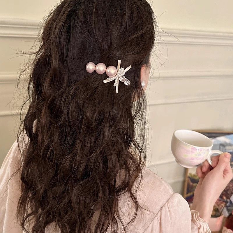 Pearl Bow Hair Clip, Duckbill Clip, Forest-Style Hair Clip for Forehead, Side Clip, Exquisite Curved Bangs Clip