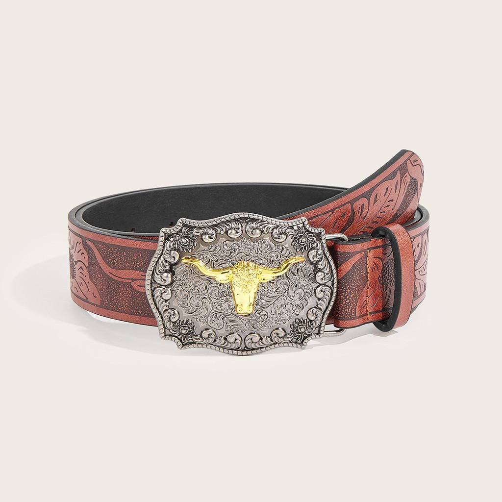 Western Cowboy Style Pu Belt With Cow Head Buckle For Casual Fashion Accessories