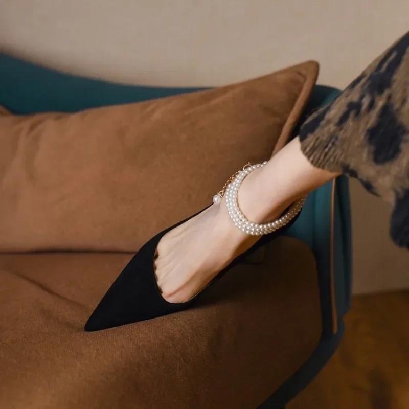 Fashion French Retro High Heels Shoes Spring/Autumn New Pointed Thin Heels Pearl Slip-On Design Pumps Office & Career Work Shoe